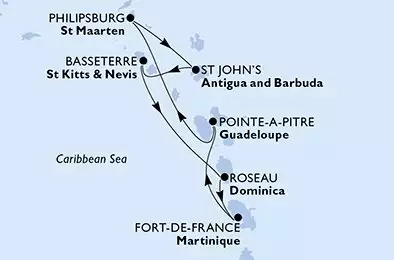 MSC MERAVIGLIA - itinerár  7 nocí odchod z Fort de France Martinique dňa 18/12/2027 - Fort de France,Pointe-a-Pitre,Philipsburg,St John s,Basseterre,Roseau,Fort de France