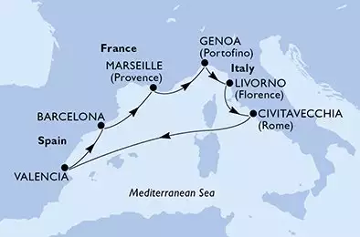 MSC LIRICA - itinerár  7 nocí odchod z Marsella (Provenza) Francia dňa 31/01/2028 - Marseille,Genoa,Livorno,Civitavecchia,Valencia,Barcelona,Marseille