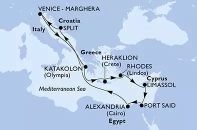 MSC LIRICA - itinerár  11 nocí odchod z Split Croatia dňa 14/11/2026 - Split,Venice-Marghera,Katakolon,Heraklion,Rhodes,Limassol,Port Said,Alexandria,Split