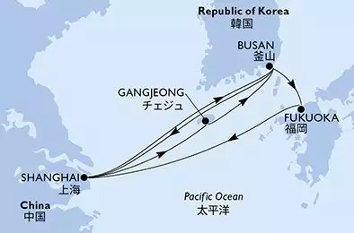 MSC BELLISSIMA - itinerár  9 nocí odchod z Shanghai China dňa 05/08/2026 - Shanghai,Gangjeong,Busan,Shanghai,Busan,Fukuoka,Shanghai