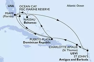 MSC SEASHORE - itinerár  13 nocí odchod z Miami United States dňa 05/12/2027 - United States,Antigua and Barbuda,Virgin Islands,Dominican Republic,Bahamas