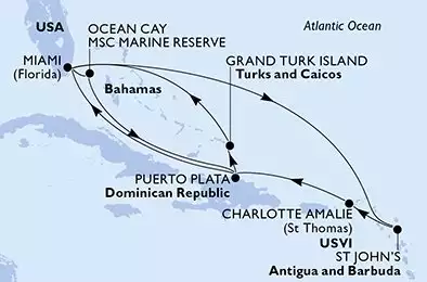 MSC SEASHORE - itinerár  14 nocí odchod z Miami United States dňa 28/11/2027 - United States,Bahamas,Dominican Republic,Turks and Caicos Islands,Antigua and Barbuda,Virgin Islands
