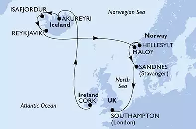 MSC VIRTUOSA - itinerár  12 nocí odchod z Cork Ireland dňa 08/06/2026 - Cork,Akureyri,Isafjordur,Reykjavik,Reykjavik,Maloy,Hellesylt,Sandnes,Southampton