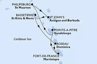MSC WORLD EUROPA - itinerár  7 nocí odchod z Pointe-a-Pitre Guadeloupe dňa 03/01/2027 - Pointe-a-Pitre,Philipsburg,St John s,Basseterre,Roseau,Fort de France,Pointe-a-Pitre