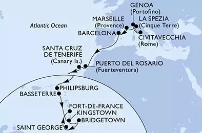 MSC WORLD EUROPA - itinerár  21 nocí odchod z Genoa (Portofino) Italy dňa 14/11/2026 - Genoa,Civitavecchia,La Spezia,Marseille,Barcelona,Puerto del Rosario,Santa Cruz de Tenerife,Philipsburg,Basseterre,Kingstown ,Bridgetown,Saint George,Fort de France