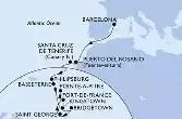 Barcelona,Puerto del Rosario,Santa Cruz de Tenerife,Philipsburg,Basseterre,Kingstown,Bridgetown,Saint George,Fort de France,Pointe-a-Pitre
