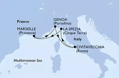 MSC WORLD EUROPA - itinerár  4 nocí odchod z Marsiglia (Provenza) Francia dňa 13/11/2026 - Marseille,Genoa,Civitavecchia,La Spezia,Marseille