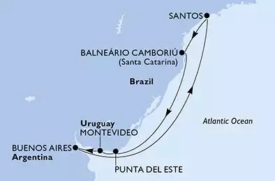 MSC SEAVIEW - itinerár  8 nocí odchod z Camboriu Brazil dňa 06/12/2026 - Balneario Camboriu,Punta Del Este,Montevideo,Buenos Aires,Santos,Balneario Camboriu