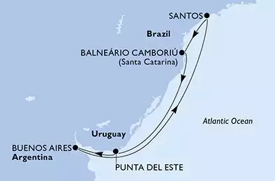 MSC SEAVIEW - itinerár  7 nocí odchod z Camboriu Brazil dňa 14/12/2026 - Balneario Camboriu,Punta Del Este,Buenos Aires,Santos,Balneario Camboriu