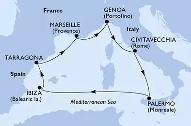 MSC SEAVIEW - itinerár  7 nocí odchod z Marsella (Provenza) Francia dňa 06/11/2026 - France,Italy,Spain