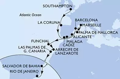 MSC VIRTUOSA - itinerár  24 nocí odchod z Southampton United Kingdom dňa 07/11/2026 - United Kingdom,Spain,France,Portugal,Brazil