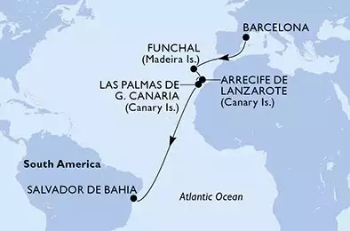 MSC VIRTUOSA - itinerár  12 nocí odchod z Barcelone Espagne dňa 16/11/2026 - Spain,Portugal,Brazil