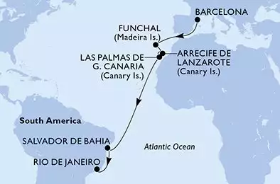 MSC VIRTUOSA - itinerár  15 nocí odchod z Barcelone Espagne dňa 16/11/2026 - Spain,Portugal,Brazil