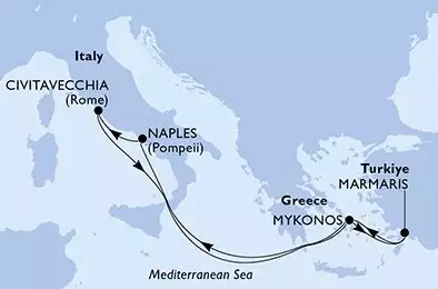 MSC DIVINA - itinerár  7 nocí odchod z Marmaris Turkey dňa 18/10/2027 - Marmaris,Mykonos,Naples,Civitavecchia,Mykonos,Marmaris