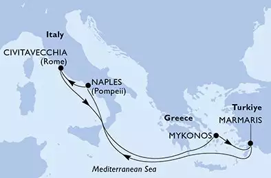 MSC DIVINA - itinerár  6 nocí odchod z Marmaris Turkey dňa 29/06/2027 - Marmaris,Naples,Civitavecchia,Mykonos,Marmaris
