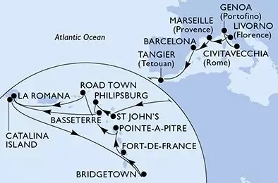MSC OPERA - itinerár  25 nocí odchod z Civitavecchia (Rome) Italy dňa 29/10/2026 - Italy,France,Spain,Morocco,Antigua and Barbuda,Netherlands Antilles,Saint Kitts and Nevis,Dominican Republic,Barbados,Martinique,Guadeloupe,Virgin Islands