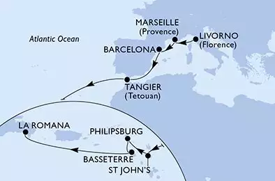 MSC OPERA - itinerár  16 nocí odchod z Livourne Italie dňa 31/10/2026 - Italy,France,Spain,Morocco,Antigua and Barbuda,Netherlands Antilles,Saint Kitts and Nevis,Dominican Republic