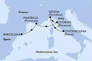 MSC OPERA - itinerár  4 nocí odchod z Civitavecchia (Rome) Italy dňa 29/10/2026 - Italy,France,Spain