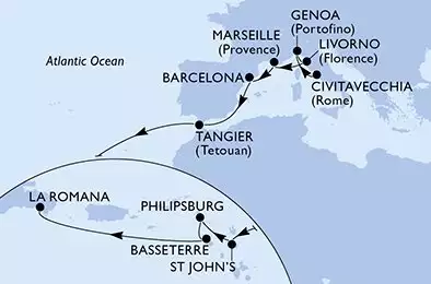 MSC OPERA - itinerár  18 nocí odchod z Civitavecchia (Rome) Italy dňa 29/10/2026 - Italy,France,Spain,Morocco,Antigua and Barbuda,Netherlands Antilles,Saint Kitts and Nevis,Dominican Republic
