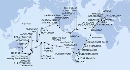 MSC MAGNIFICA - itinerár  121 nocí odchod z Genoa (Portofino) Italy dňa 05/01/2027 - Italy,France,Spain,Gibraltar,Morocco,Cape Verde,Brazil,Argentina,Falkland Islands (Malvinas),Chile,Pitcairn,French Polynesia,Cook Islands,New Zealand,Australia,New Caledonia,Vanuatu,Samoa,American Samoa,United States,Mexico,Costa Rica,Panama,Dominican Republic,Virgin Islands,Netherlands Antilles