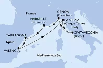MSC MAGNIFICA - itinerár  7 nocí odchod z Marseille (Provence) France dňa 15/06/2028 - Marseille,Tarragona,Valencia,La Spezia,Civitavecchia,Genoa,Marseille