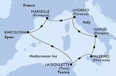 MSC VIRTUOSA - itinerár  7 nocí odchod z Marseille (Provence) France dňa 10/07/2028 - Marseille,Barcelona,La Goulette,Palermo,Naples,Livorno,Marseille