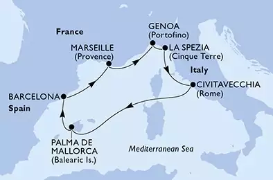 MSC WORLD EUROPA - itinerár  7 nocí odchod z Marseille (Provence) France dňa 25/06/2028 - Marseille,Genoa,La Spezia,Civitavecchia,Palma de Mallorca,Barcelona,Marseille
