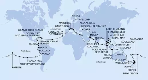 MSC MAGNIFICA - itinerár  115 nocí odchod z Genova (Portofino) Italia dňa 05/01/2028 - Italy,France,Spain,Turks and Caicos Islands,Bahamas,Panama,Ecuador,Peru,Chile,Pitcairn,French Polynesia,Tonga,New Caledonia,New Zealand,Australia,Indonesia,Viet Nam,Thailand,Cambodia,Singapore,Malaysia,Sri Lanka,India,United Arab Emirates,Oman,Jordan,Egypt