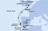 Southampton,Brest,Lisbon,Tangier,Malaga,Cadiz,Southampton