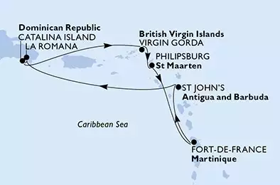 MSC OPERA - itinerár  7 nocí odchod z La Romana Dominican Republic dňa 29/05/2028 - La Romana,Catalina Island,Virgin Gorda,Philipsburg,Fort de France,St John s,La Romana