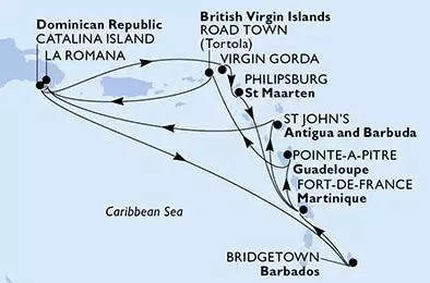 MSC OPERA - itinerár  14 nocí odchod z La Romana Dominican Republic dňa 26/06/2028 - La Romana,Catalina Island,Virgin Gorda,Philipsburg,Fort de France,St John s,La Romana,Catalina Island,Bridgetown,Fort de France,Pointe-a-Pitre,Road Town,La Romana