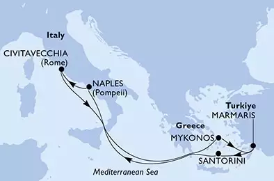 MSC DIVINA - itinerár  7 nocí odchod z Naples (Pompeii) Italy dňa 27/07/2028 - Naples,Civitavecchia,Mykonos,Marmaris,Santorini,Naples