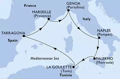MSC EURIBIA - itinerár  7 nocí odchod z Genoa (Portofino) Italy dňa 25/10/2027 - Italy,Tunisia,Spain,France